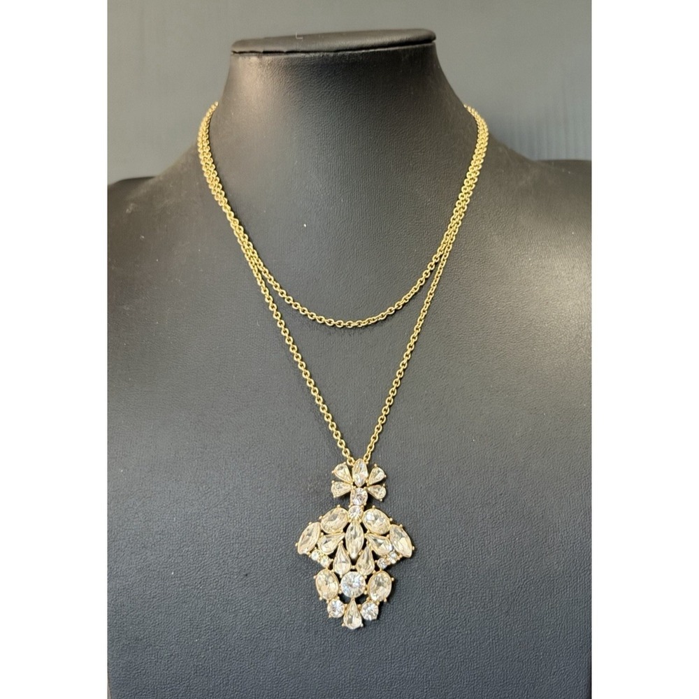 J Crew‎ Crystal Rhinestone Floral Pendant Necklace Gold Tone Statement 36"